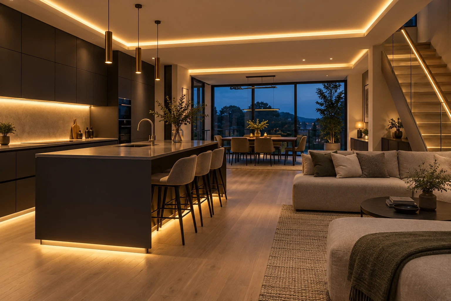 Concealed LED strip lighting in a modern kitchen and staircase — design inspiration
