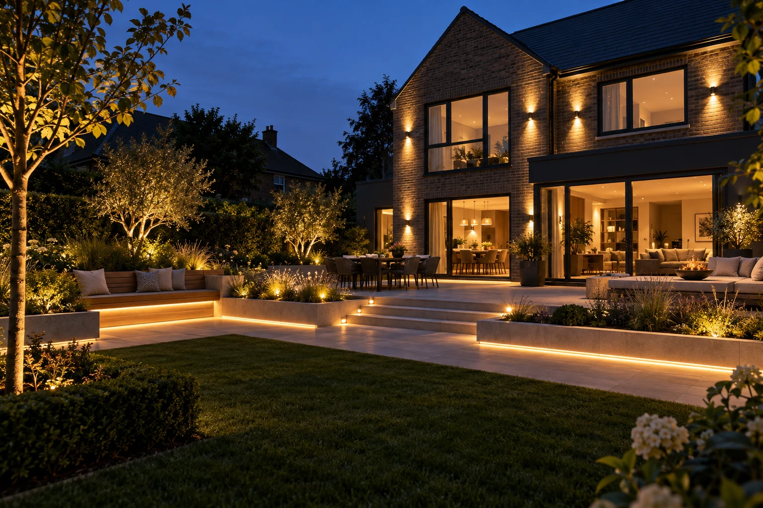 Warm garden lighting, illuminated steps and outdoor LED strips — design inspiration